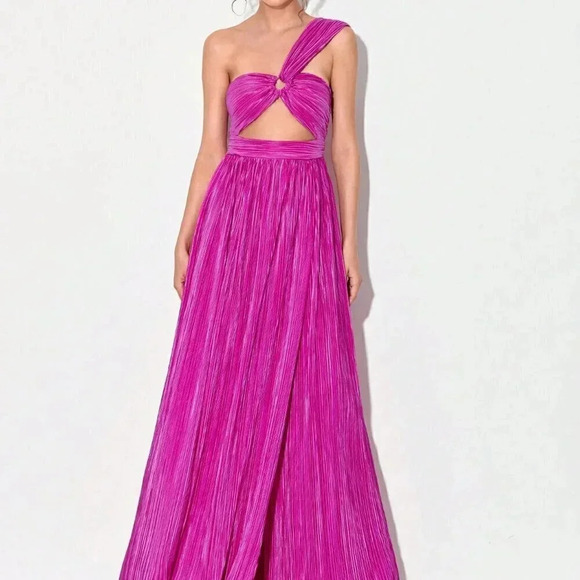 Red Violet Sexy Women's One Shoulder Ring Ruched Front Cut Out Split Thigh Dress - Picture 3 of 6